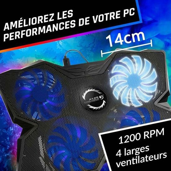 Refroidisseur PC Portable 4 Ventilateurs 140mm - Vitesse Réglable, Ports USB, Pieds Réglables - Pour PC 12 à 17 Pouces