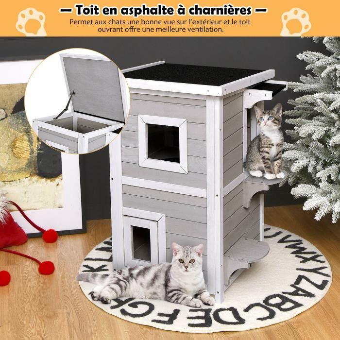 Maison Pour Chat 2 étages En Bois Démontable Avec 2 Coussins Tissu, Marron