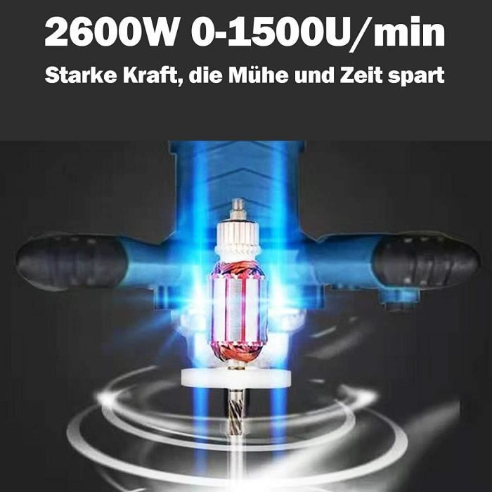 Mixeur Construction Professionnel Mélangeur Mortier POTYYH 1500W - 6 Vitesses 330-930 Tr/min - Double Lame S Betonniere électrique
