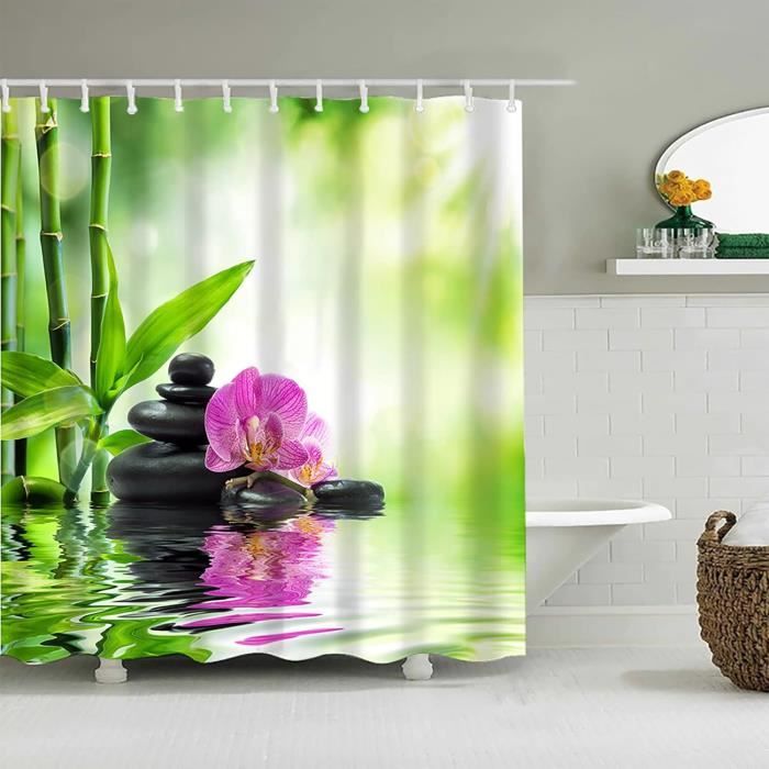Rideau De Douche Anti-Moisissure Galet Zen 3D – Orchidee & Bambou Imperméable 200x200 Cm, Polyester Lavable Machine – Blanc Vert
