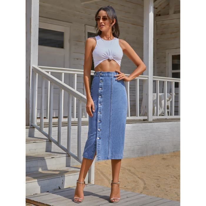 Jupe en jean Jupe en Fente FendueJupe en jeanpour Femme irregularites des boutons Jupe mi Longue Mince Jupe bleu Cdiscount Pret a Porter