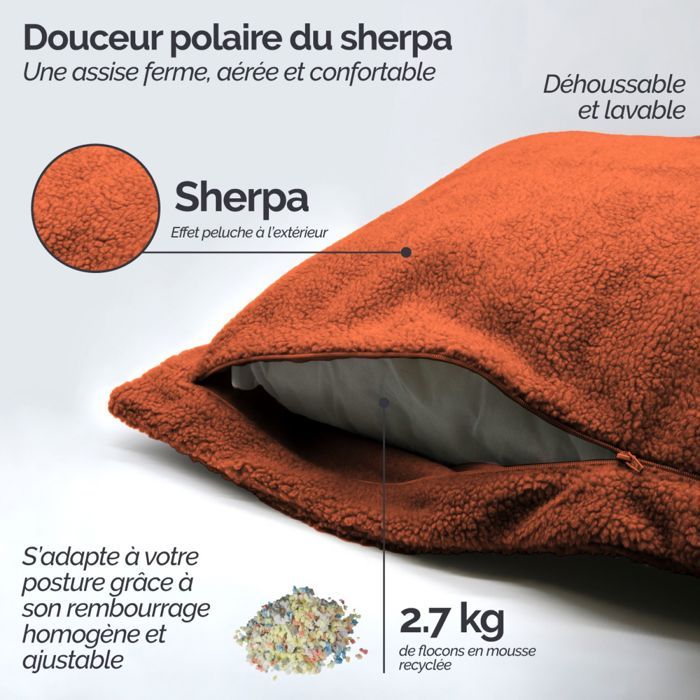 Pouf Déhoussable Vivezen - 90x140 Cm - Housse Sherpa Douce, Rembourrage Mousse Recyclée - 4 Coloris - 2