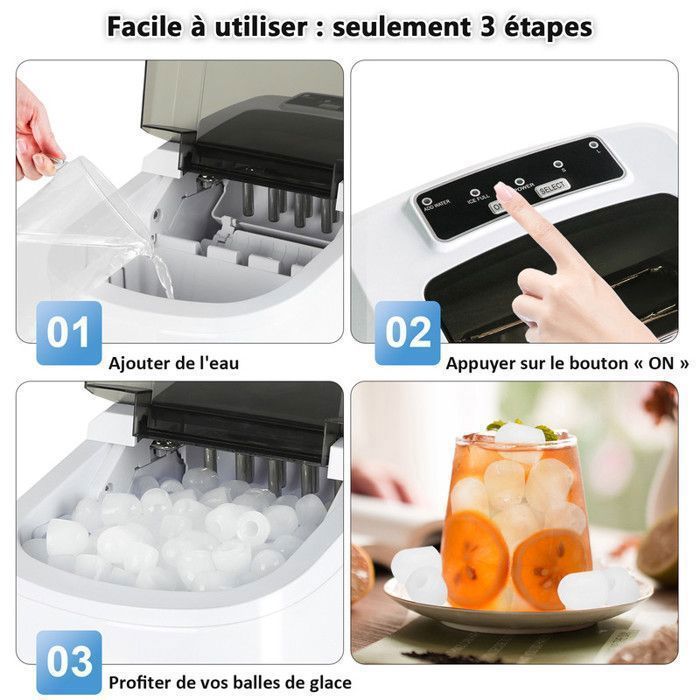 Machine à Glaçons Portable - 12kg/24h - 9 Glaçons En 8 Min - Autonettoyante - Parfaite Pour Maison/Bureau