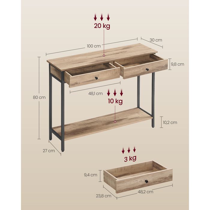 Table Console VASAGLE Avec 3 Tiroirs Et étagère - Style Campagnard Marron Miel - 120x24x76cm - Pour Entrée, Salon