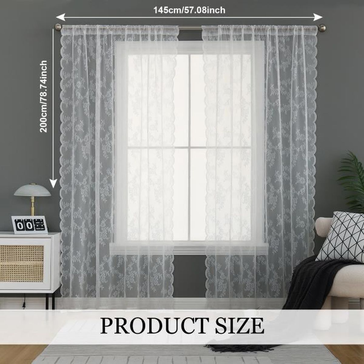Lot De 2 Rideaux En Dentelle Blanche Transparente – 150 X 200 Cm Chacun – Avec Poche à Tringle Et Embrasses – Pour Salon, Chambre, Cuisine