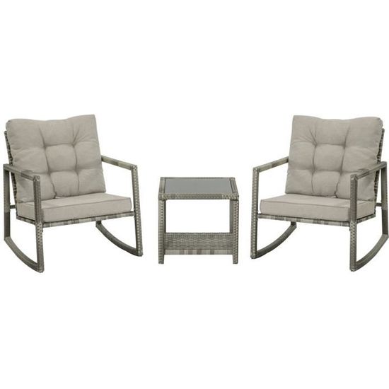 Salon de jardin - OUTSUNNY - 2 personnes - 2 chaises à bascule - table basse plateau verre trempé - rotin gris