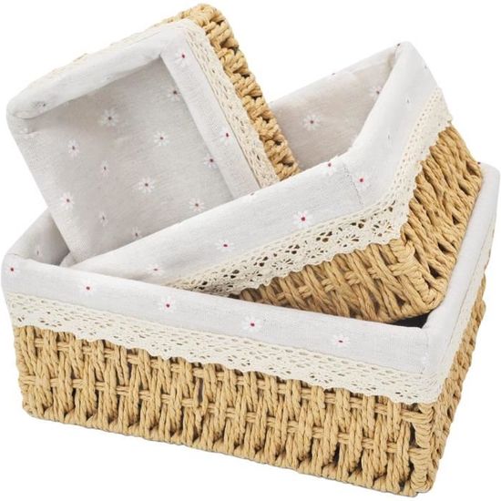 Niuny Panier Rangement Osier Panier De Rangement Salle De Bain 3Pcs Petit Paniers Osier Rectangulaire Paniers Tressé Avec Doublure Empilables Pour Ranger Des Jouets Télécommandes Et Des Cosmétiques