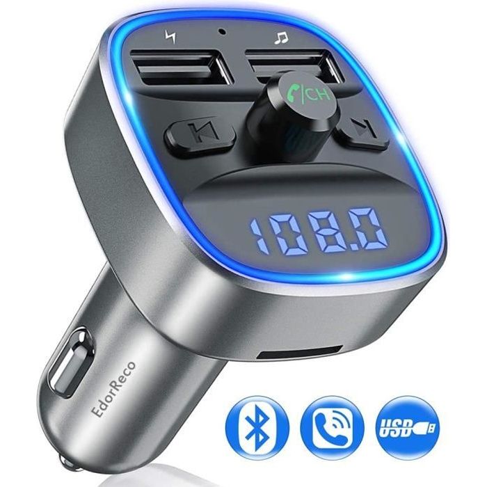 EdorReco Transmetteur fm Bluetooth, Voiture Chargeur Lecteur MP3, ARTIZLEE Adaptateur Radio Sans Fil Kit Émetteur, Lumière ambiante
