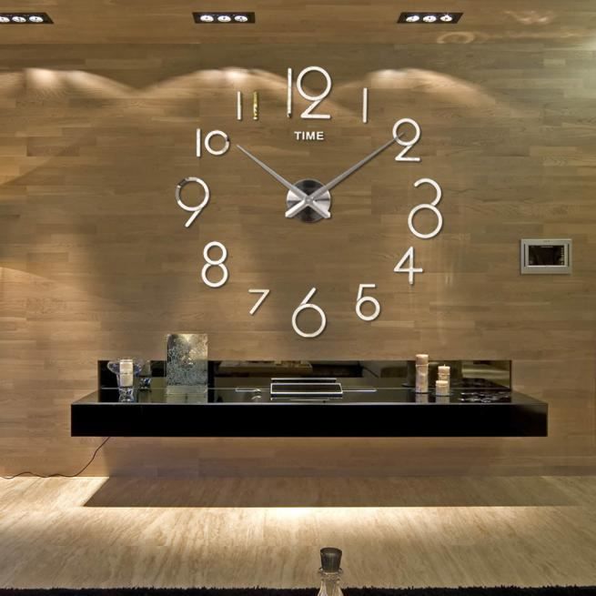 Horloge murale Salon DIY 3D décoration intérieure miroir grande Art Design argent