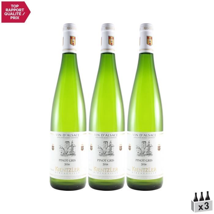 Alsace Pinot Gris Blanc 2016 - Lot de 3x75cl - Domaine Kientzler - Vin AOC Blanc d' Alsace - Cépage Pinot Gris