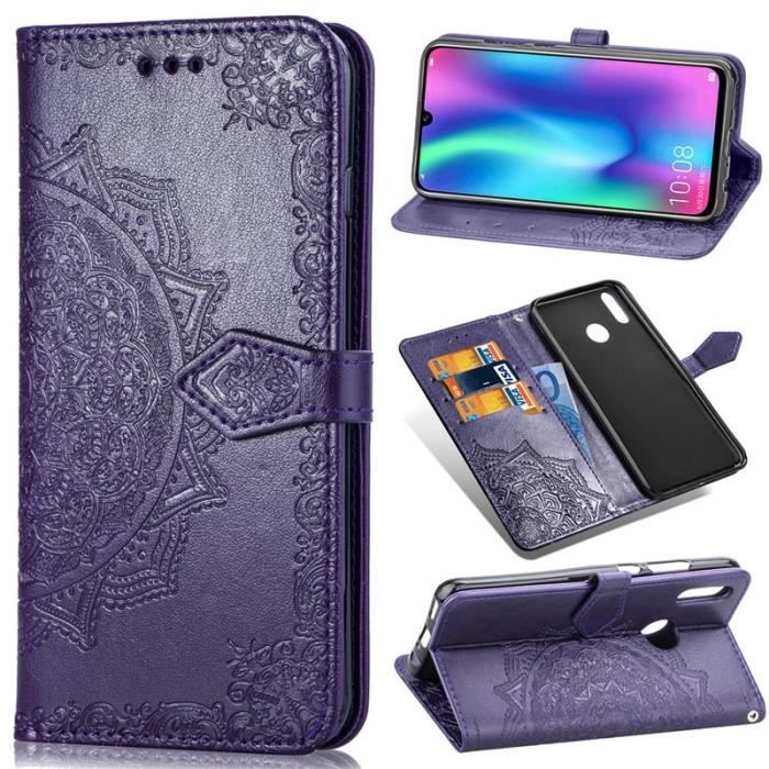 Coque Huawei P Smart (2019), Violet Silicone en Cuir Mandala Fleur Avec Dragonne Légère Ultra-mince Support Antichoc
