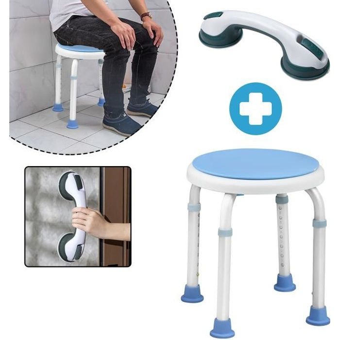Aufun Tabouret de douche rond réglable en alliage d'aluminium Siège pivotant à 360 + 1 Poignée de Baignoire