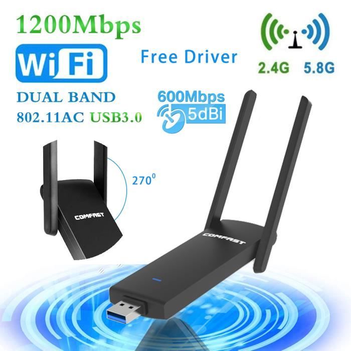 Clé WiFi USB 3g - 1200Mbps adaptateur wifi usb - USB 3.0 Dongle Wifi Bi-bande 2.4G/5.8G 802.11 AC - Bouton WPS - SoftAP Mode - Noir
