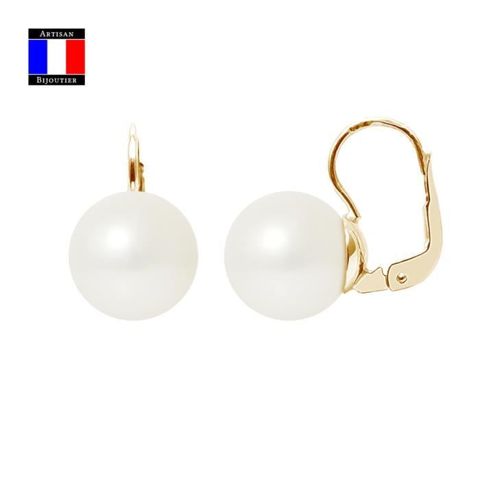 Compagnie Générale des Perles - Boucles d'Oreilles Véritable Perle de Culture 9-10 mm Or Jaune 18 Cts Système Dormeuse - Bijou Femme