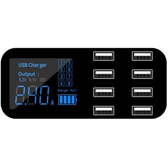 A9S Chargeur de voiture rapide 8 ports Multi USB LCD Display Chargeur de téléphone 12V Hub USB pour tablettes téléphoniques D-54