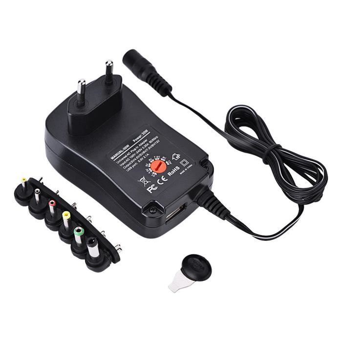 EJ.life adaptateur secteur cc Adaptateur secteur universel AC / DC 5V 2.1A Port USB 6 embouts 30W 3V/4.5V/5V/6V/7.5V/9V/12V EU