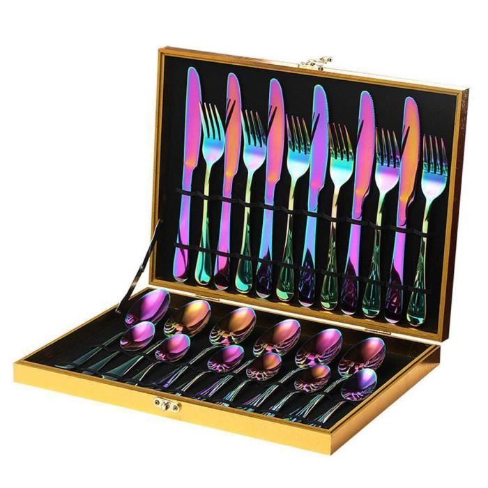 Ménagère 24 Pièces en Inox, Arc-en-ciel Ensemble de Couverts en Acier Inoxydable pour Mariage Festival fête de Noël, Coffret Cadeau