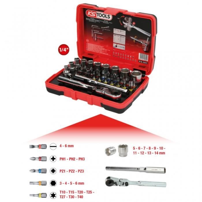 918.3005-A1. Jeu d'embouts de vissage et douilles 1/4- + Coffret d'extraction pour vis TORX et 6 pans