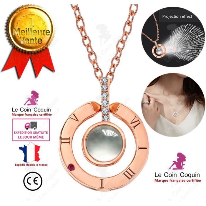 LCC® Collier Femme or rose Projection I Love You Necklace 100 Langues Pendentif Rond en Agate Bijoux de mode fille je t'aime
