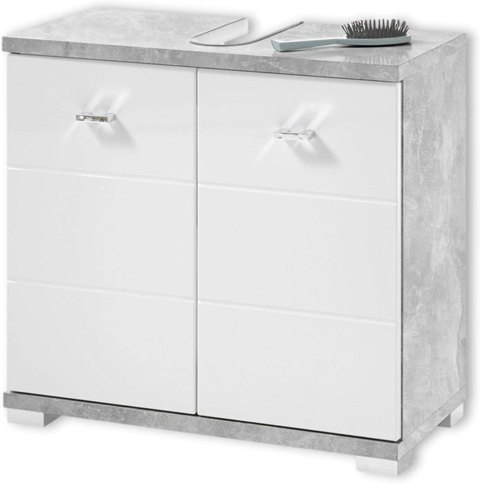 meuble sous lavabo salle de bain en look béton, blanc - meuble sous vasque moderne avec beaucoup d'espace de rangement.[z21]
