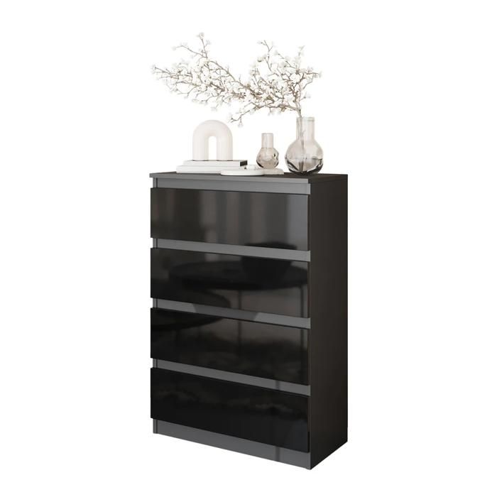 GABRIEL - Commode 4 Tiroirs - Table de Chevet Buffet - H92cm L60cm P33cm (Anthracite/Noir Brilliant)