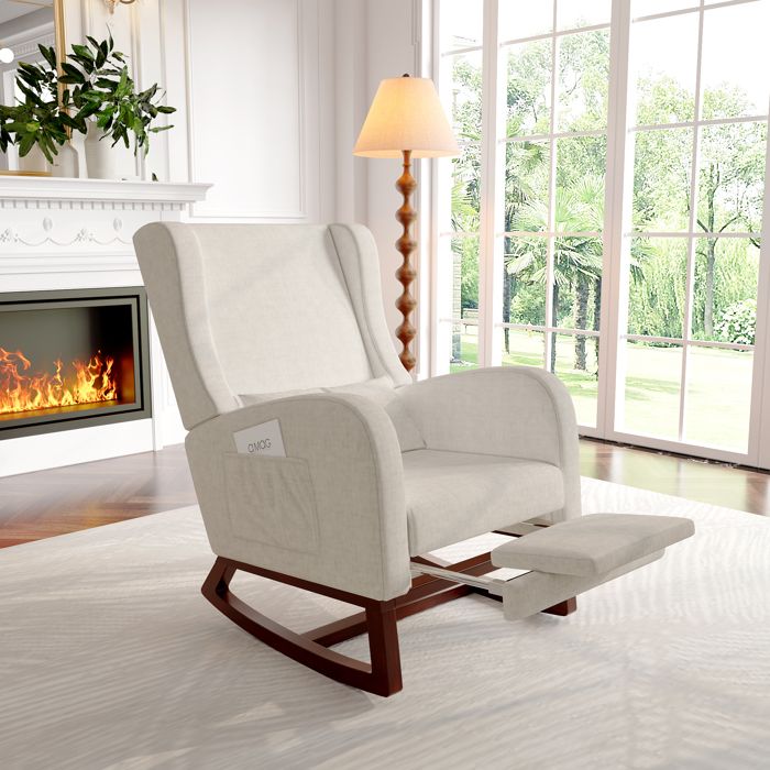 Fauteuil à Bascule Avec repose - jambes télescopique Chanvre de coton Beige Avec oreiller Rocking Chair