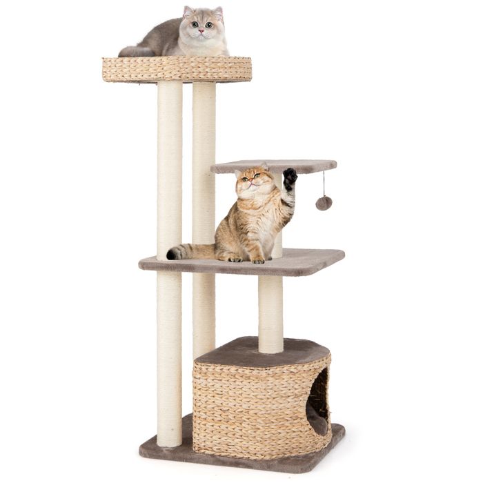 Comparer les prix de COSTWAY Arbre à Chat Multi-niveaux en Bois 131 CM, Poteaux à Poteaux à Gratter en Sisal, Perchoir, Condo, Balle Suspendue, Coussins
