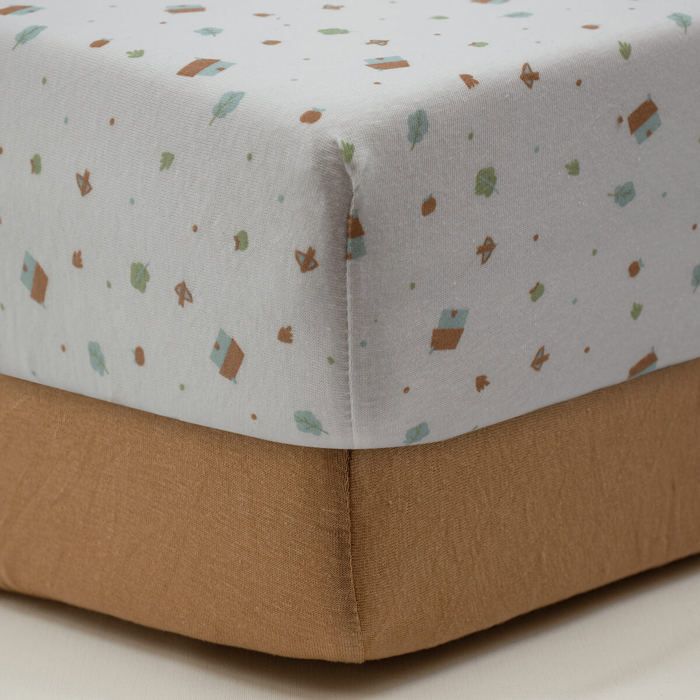 Babycalin - Drap-housse 60x120 cm - Lot de 2 - Coton Petites Maisons / Noix de Pécan