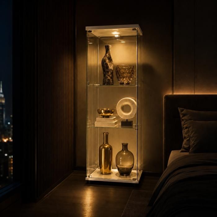 Vitrine en Verre 3 Couches avec LED 1 Porte et Serrure Armoire de Collection Moderne en Verre Armoire de Rangement en Verre