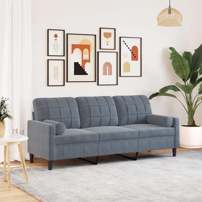 Gris Canapé Droit - KEETHE - Trois places - avec oreillers - gris foncé 180 cm velours LL1587