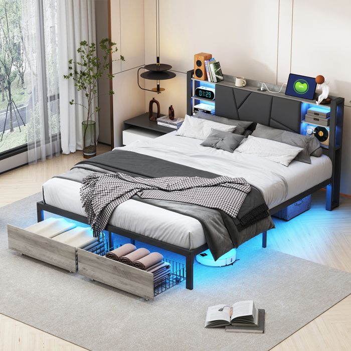 Lit double 140x200 cm lit adulte en fer avec LED et 2 tiroirs lit avec tête de lit et sommier à lattes gris