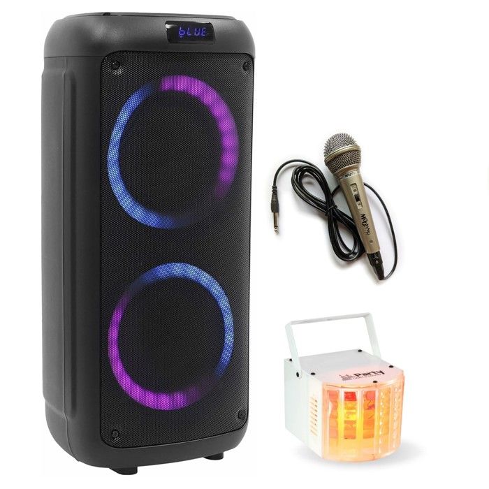 Party Light & Sound - Pack Karaoké Enceinte Enfant Bluetooth USB Party KARAKID20 2 Micros sans Fil - 3 Mini Effets Lumière LED Soirée Anniversaire
