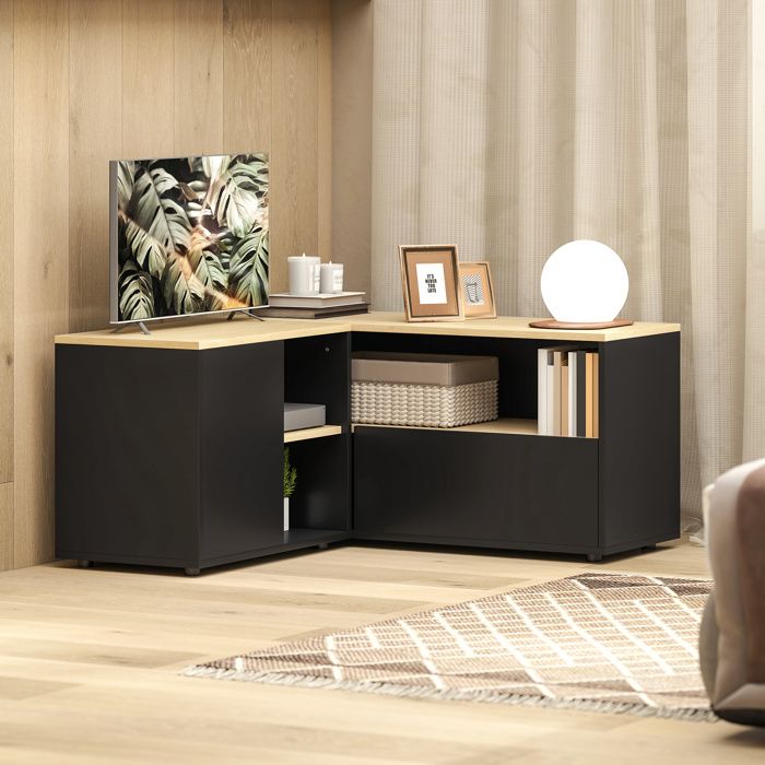 Meuble TV dangle banc télévision jusquà 40 pouces avec 2 placards et 3 niches 90 x 90 x 45 cm chêne et noir