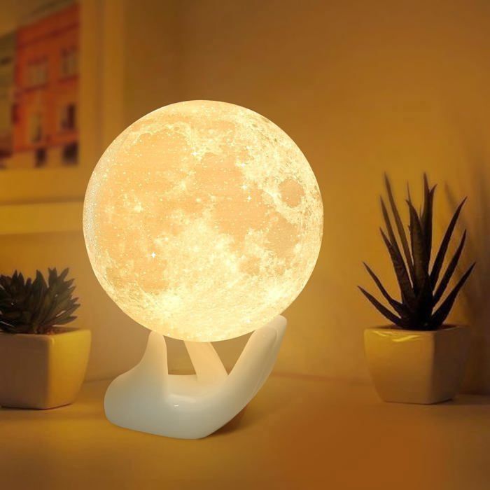 Lampe Lune 3D 8cm Base Céramique Variateur Tactile Blanc Jaune LED Veilleuse pour Chambre Enfant Cadeau Femme