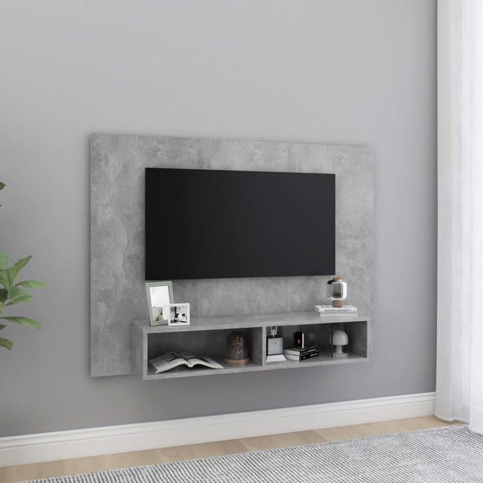 Meuble TV mural - vidaXL - Gris béton - 120x23 5x90 cm - Bois d’ingénierie - Compartiments ouverts - Capacité 50 kg