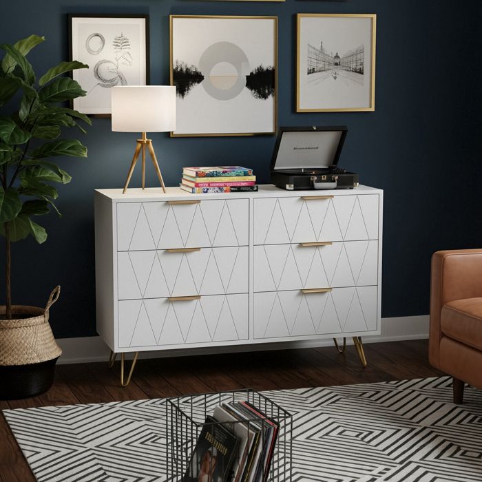 Commode 6 Tiroirs Double - Façade à Motif Géométrique - Poignées et Pieds Dorés - Meuble de Rangement Moderne - Bois - Blanc