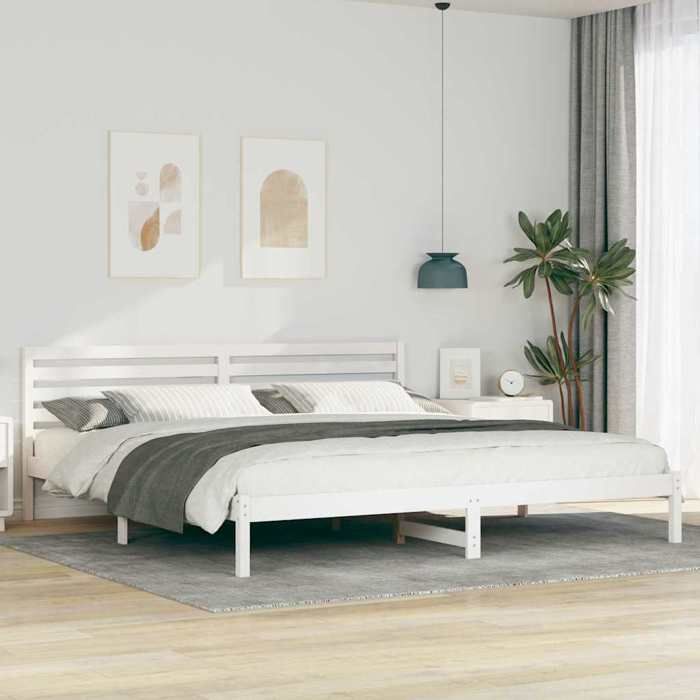 Structure de lit en pin massif - UU - 200x220 cm - Blanc - Pin massif - Cadre à lattes - Poids maximal 200 kg