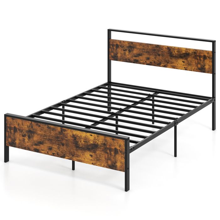 GIANTEX Cadre de Lit Double Lattes Métalliques Rangement Sous le Lit Charge 360 kg Style Industriel 200 x 140 x 99 cm Marron