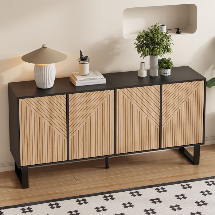 Buffet moderne 160x38x75 cm - 4 portes - Motif rayé 3D - Structure en fer - MDF + panneaux de particules - Naturel et noir