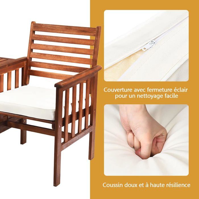 GIANTEX 3 Pièces Ensemble de Salon de Jardin en Bois dAcacia avec 2 Fauteuils et 1 Table Chaises Banc de Patio 2 Places