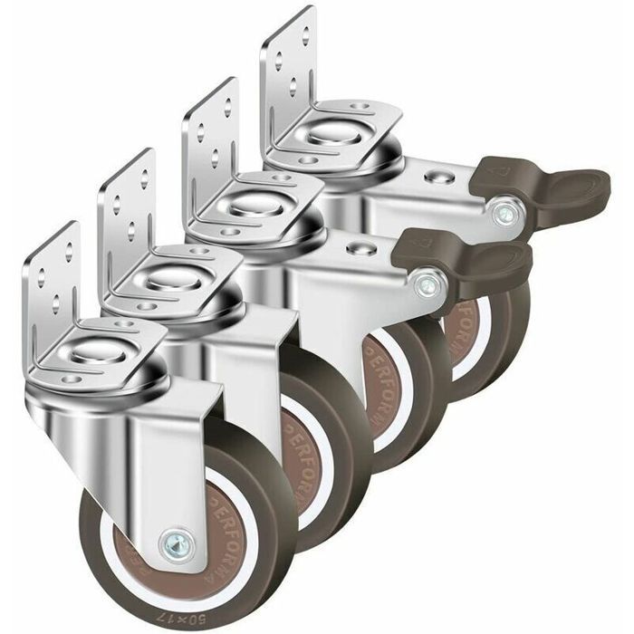 Lucky-88 – Lot de 4 roulettes pivotantes 50mm 100kg – Caoutchouc TPE et acier inoxydable – 2 roulettes avec frein 2 sans frein –