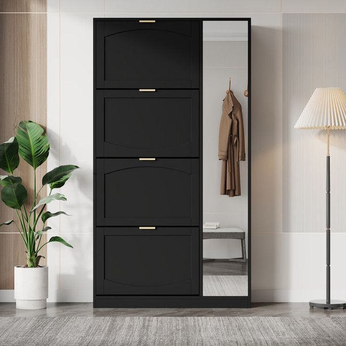 Meuble à chaussures 80x147x24cm avec miroir 4 compartiments de rangement rabattables étagère réglable derrière le miroir de droite