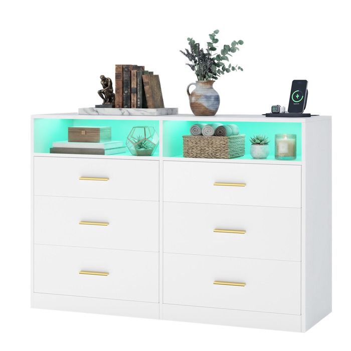 Commode de chambre Moderne avec Station de Charge et Éclairage LED 6 Tiroirs Blanc