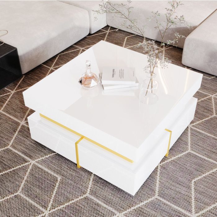 Table basse blanche laquée brillante avec 2 tiroirs et détails dorés