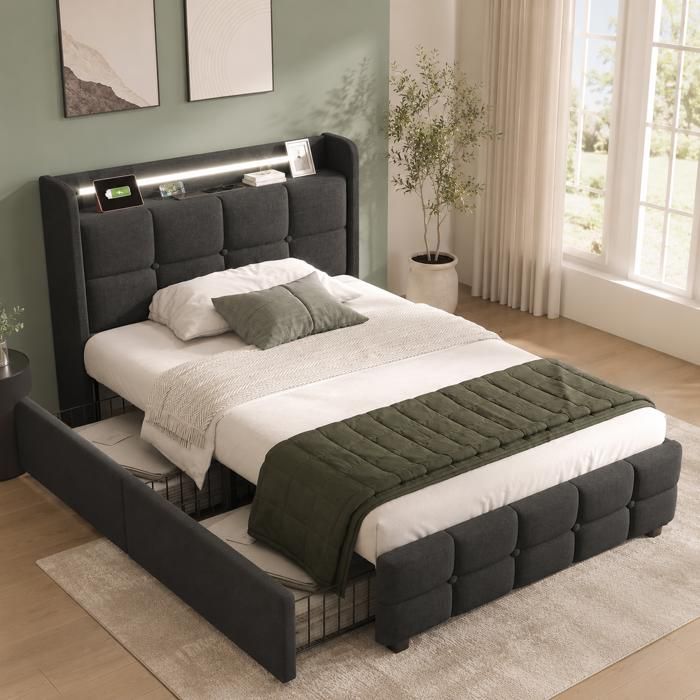 Lit capitonné 90x200 cm avec LED USB et 2 tiroirs Aapaas lit simple gris sommier inclus sans matelas