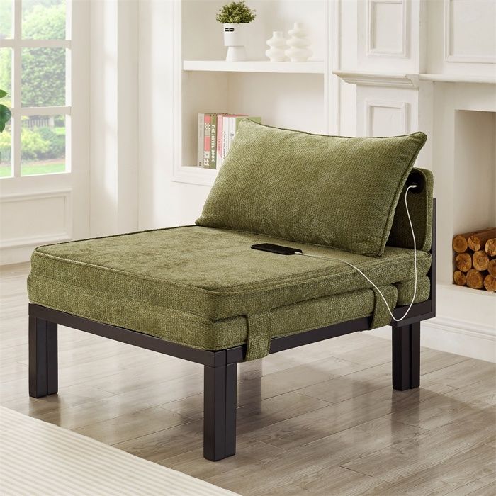 Fauteuil Convertible 1 Place - Lit dAppoint Pliant avec Prises USB et Type-C - Cadre en Bois Massif et Coussin Moelleux - Vert