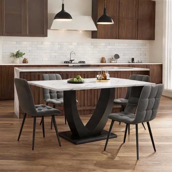 Ensemble table et 4 chaises de cuisine - Design contemporain en U - Plateau blanc à effet marbre pieds noirs chaises grises en