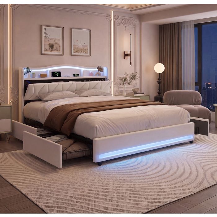 Lit 160x200 cm avec 4 tiroirslit double avec LEDUSB et Type Ccadre de lit avec sommier à latteslit adulte en velours beige