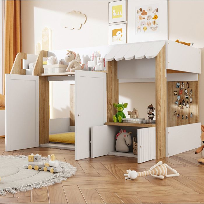 Lit Superposé Enfant 90x200 cm 2 Portes Espace de Rangement Sommier Inclus Blanc et Naturel