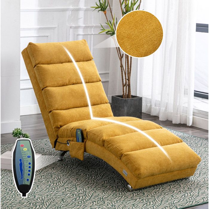Fauteuil de relaxation fixe 1 place en lin jaune moutarde avec vibrations douces poche latérale 55 x 148 x 84 cm